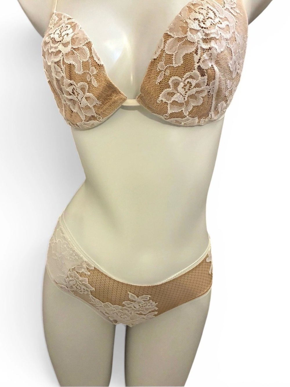 La Perla Tattoo Floral Lace Frastaglio Nude and Cream Bra & Bikini Set Vintage